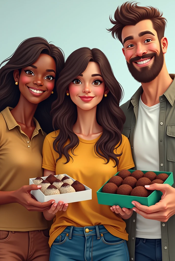 Create 3 mechanical engineering students holding boxes of brigadeiros, students around 19 years old
Tall brunette with long hair, brown skin, indigenous features
Short brunette with medium hair, not short, with indigenous features
Tall white man with a beard