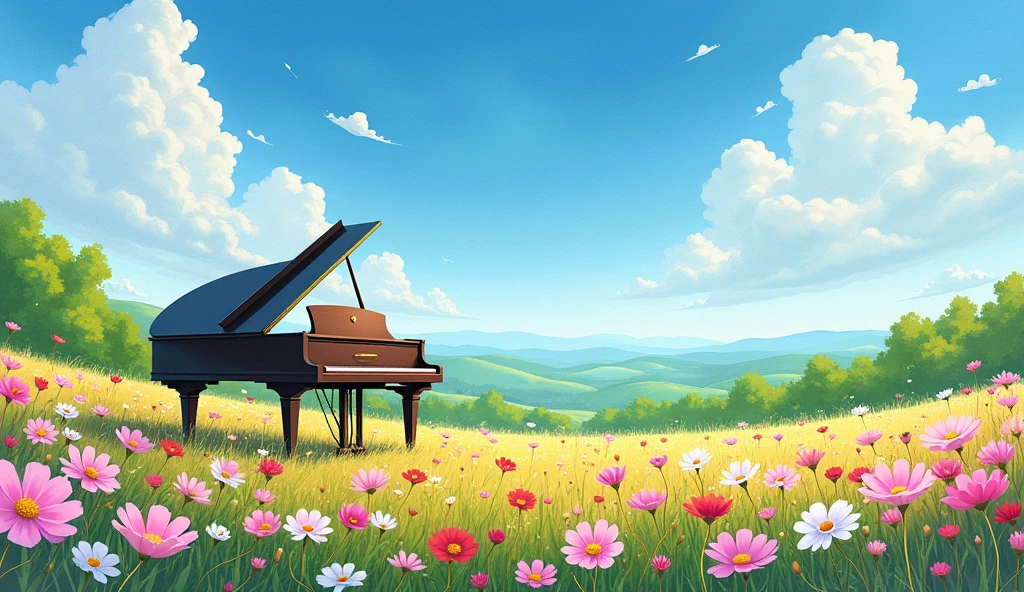 「Beneath a blue sky and white clouds、Wideがる花畑の風景。丘陵地帯にWideがるピンクや白、Red cosmos blossoms in abundance、A lush green forest is visible in the far distance。The overall scenery is bright and cheerful、Wide々A summer day landscape that evokes a sense of peace and tranquility。A black grand piano is placed in a field of flowers。Realistic watercolor painting