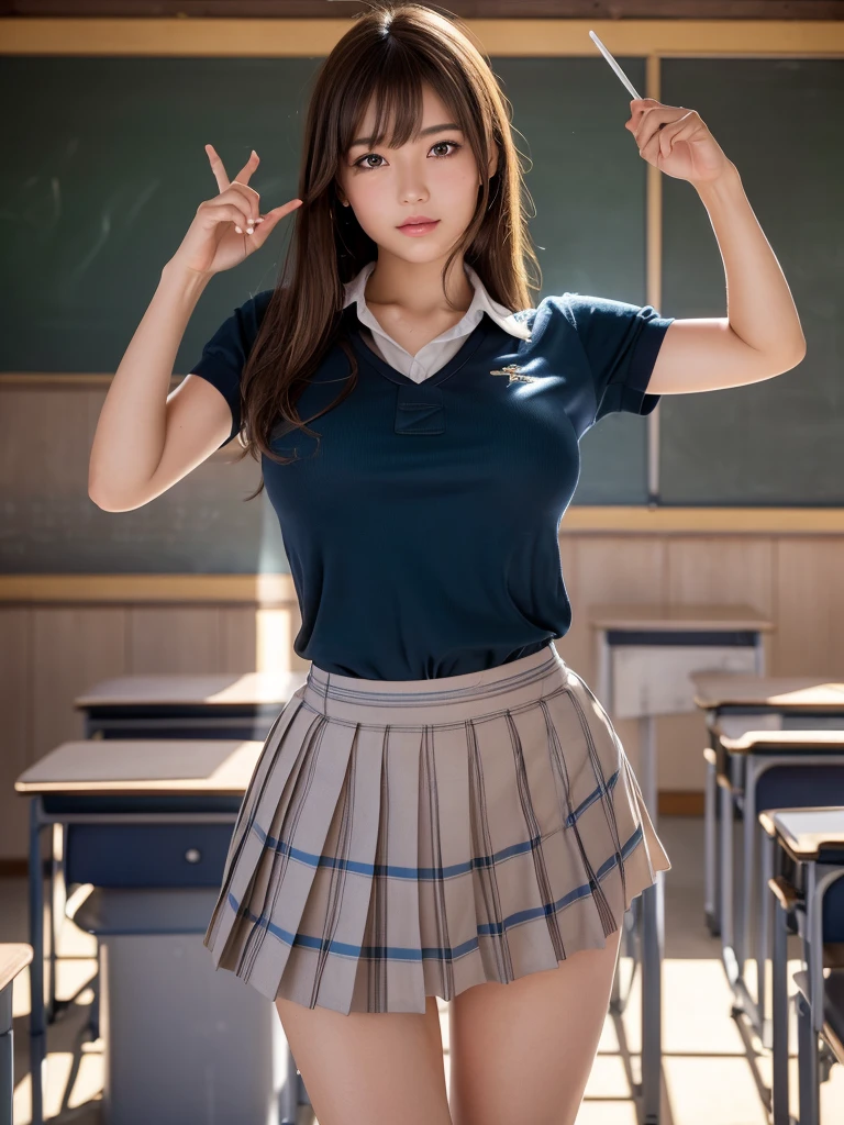 masterpiece,Highest quality,1 girl,Cowboy Shot,Front view,Young and cute Japanese,A small smile,Daytime,((High school classroom:1.5)),Schoolgirl uniform,Summer clothes,wear,wear a super super short blue plaid pleated micro mini skirt,No underwear,Very cute face,Glossy Lips,Double eyelids on both eyes,(Natural Makeup),Shiny, smooth, long light brown hair,Asymmetrical bangs,Center image,8k resolution,Attention to detail,Detailed hairstyle,Detailed face,Cinema Lighting,Octane Rendering,Ultra-realistic,Perfect limbs,Beautiful legs,Voluptuous thighs,Huge breasts,(Glowing Skin,Sweaty:1.3)Perfect Anatomy,Spread your legs,((Provocative dynamic pose:1.5)),Skirt flip