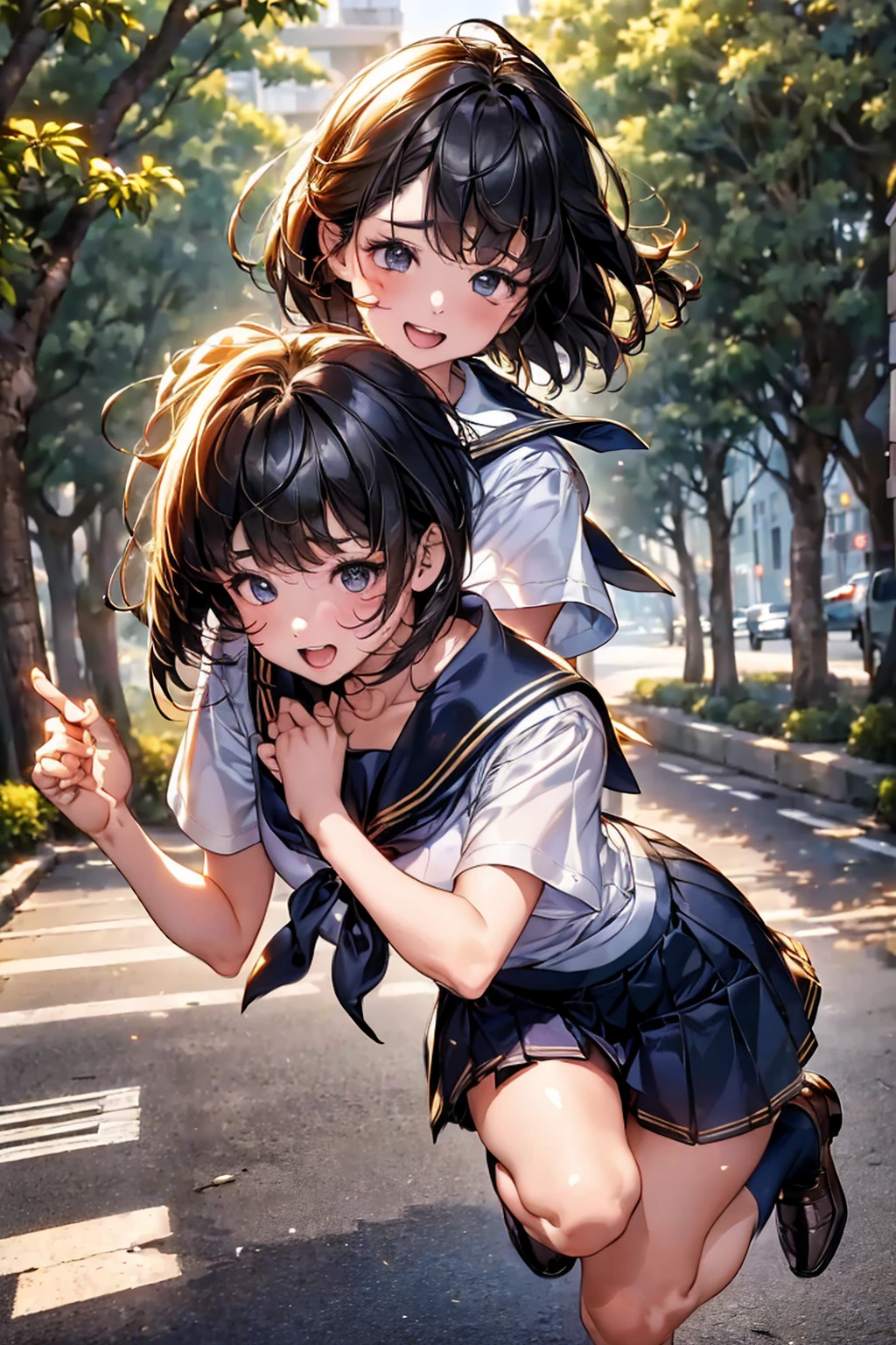 Browsing Caution,(Highest quality, 8k, masterpiece:1.3,beautiful girl), (Very detailed)Glowing Skin,(((Woman 1))),((Short sleeve, cute navy sailor suit, Navy Pleated Skirt, Navy sailor collar, Blue Sailor Scarf, socks, Brown Loafers)), (Perfect Anatomy, Anatomically correct, Very detailed肌),((Golden Eyes)),((Perfect Fingers,Five Fingers)),((Black Hair,Bobcut,)),Natural Makeup,Smile in full bloom、cheeks turn a little red,morning、Tree-lined street、front、She's running、Focus Only、Hairpin wearing