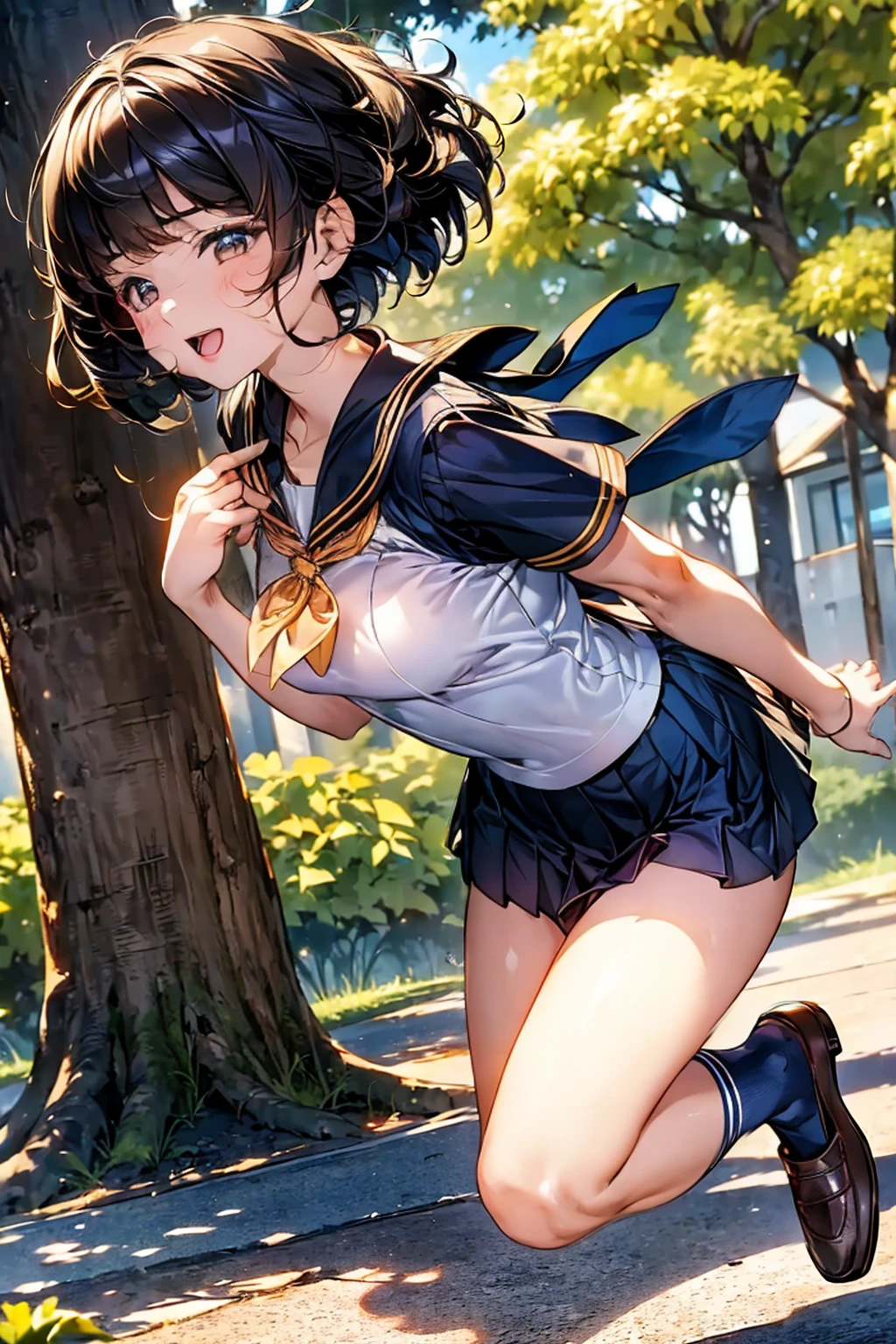 Browsing Caution,​(Highest quality, 8k, masterpiece:1.3,beautiful girl), (Very detailed)Glowing Skin,(((Woman 1))),((Short sleeve, cute navy sailor suit, Navy Pleated Skirt, Navy sailor collar, Blue Sailor Scarf, socks, Brown Loafers)), (Perfect Anatomy, Anatomically correct, Very detailed肌),((Golden Eyes)),((Perfect Fingers,Five Fingers)),((Black Hair,Bobcut,)),Natural Makeup,Smile in full bloom、cheeks turn a little red,morning、Tree-lined street、front、She's running、Focus Only、Hairpin wearing