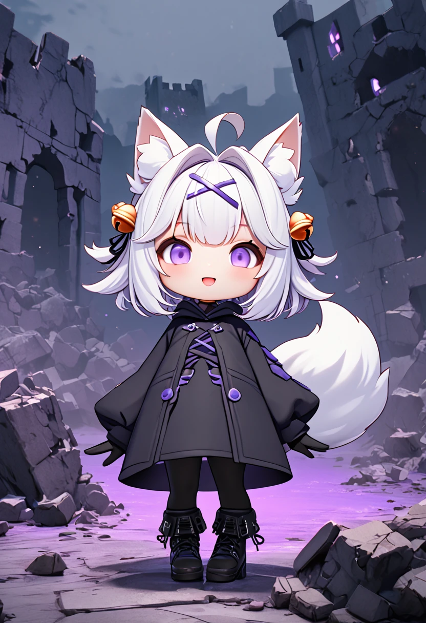 master piece, best quality, ultra-detailed, illustration, midnight, battlefield, gloomy atmosphere, broken castle, broken walls, ruins, purple flames, 1girl, solo, chibi, (big head), cute pose, front view, looking at viewer, ((full body Close up)), chubby, fat, filian, filianoverall, Filiansailor, ((white hair)) , short hair, shoulder length hair, fly-away hair, bangs, (hairclip), (purple hair ornament), cat ears, (hair bell:1.3) ahoge, purple eyes, open mouth, smiling, (white fluffy fox tail), (black tattered robe), long gown, black arm sleeves, black gloves, black stockings, black boots