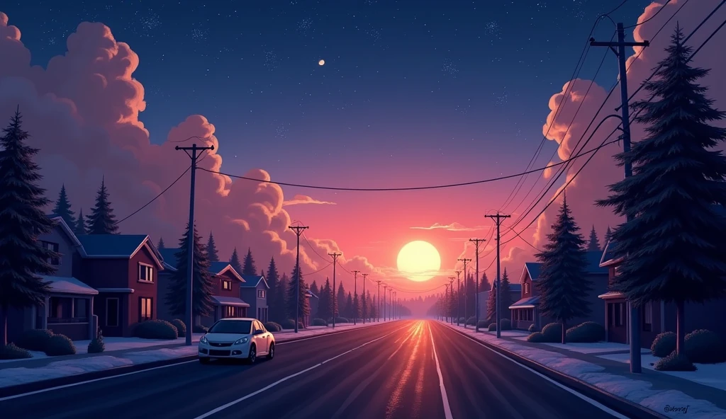 Morning Glow,Starry Sky,moon,dawn,Streetscape