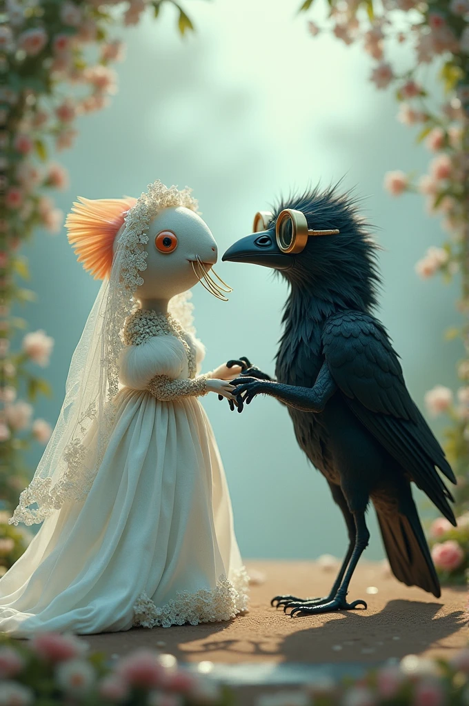 Make a catfish married to a carrion crow wearing glasses dressed as a bride