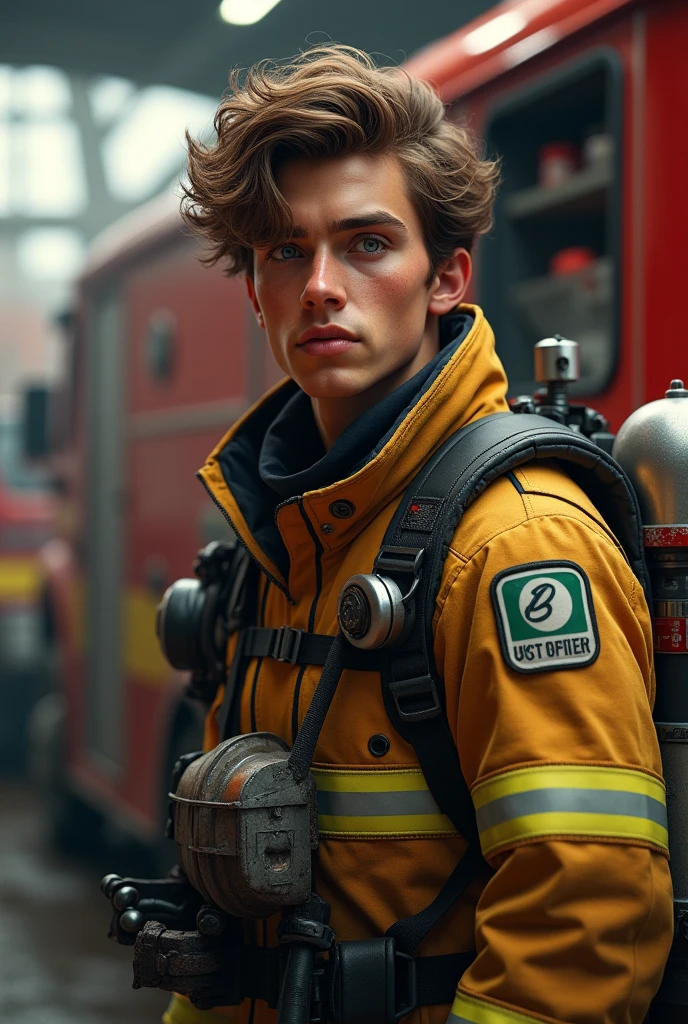 Make a man, age 25, cabelos castanhos ondulados, eyes browns, darkskin, He is a firefighter.