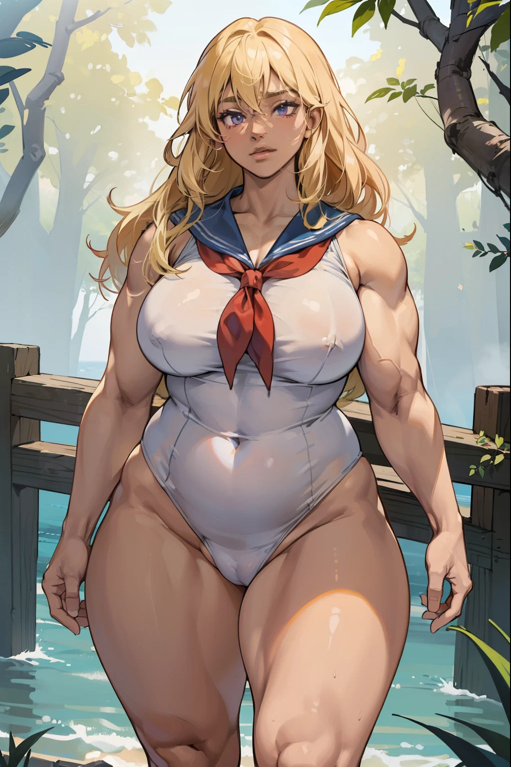 (((((A person with dark skin, Muscular))))), ((thick thighs, 非常にLarge Breasts,、Strong Body、), Blonde long-haired, alone, Glowing Skin, it was foggy, ,Bridge pier, Bristles,Are standing、Big body women、naked,Strong Body、pubic hair,Muscular in the forest,Composition from the front,Muscular and wide hips,Muscular and wide torso,Muscularの, Widebody,thick, Muscularの腕,thick, Muscularの脚,Muscular and broad shoulders,bodybuilder,nakedの美しい女性,Large Breasts,long, saggy breasts,,Deep purple eyes,Woman with beautiful face,Expressionless,,,Strong Woman,Right in front of the viewer,,Muscular女性,Big body and broad shoulders,thick Women,naked,sexy,Stand in front,全naked,正面にAre standing女性,真っ直ぐにAre standing,Fleshy ladies,Plump woman,Chubby woman,Fat woman,Fleshy ladies,,Small size sailor suit woman、cave