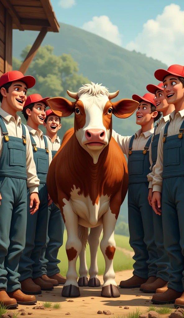 The cow surrounded by human workers, all in awe of her dedication and hard work.