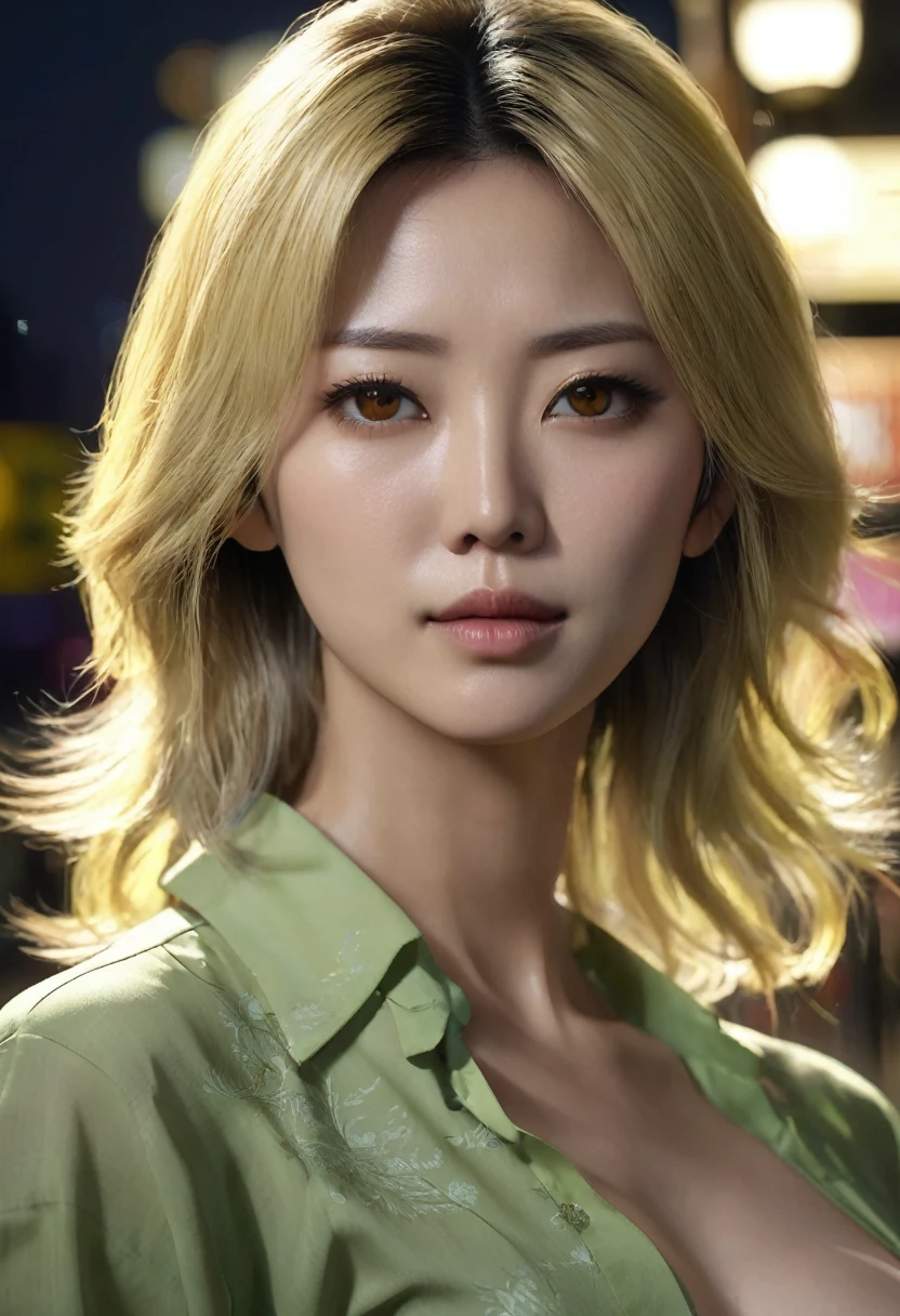 1 woman, she is Japanese, inside a city at night, wearing a light green blouse, feminine yellowish brown eyes, clear and detailed skin, very large breasts, medium length blonde hair, dramatic lighting, cinematic composition, dark palette, dark colors, atmospheric haze, thin chin, soft face, serious face, beautiful woman, adult woman, ultra realistic, adult woman, 40 years old, (best quality, 4K, 8K, high resolution, art: 1.2), ultra detailed (realistic, photorealistic, photorealistic: 1.37)