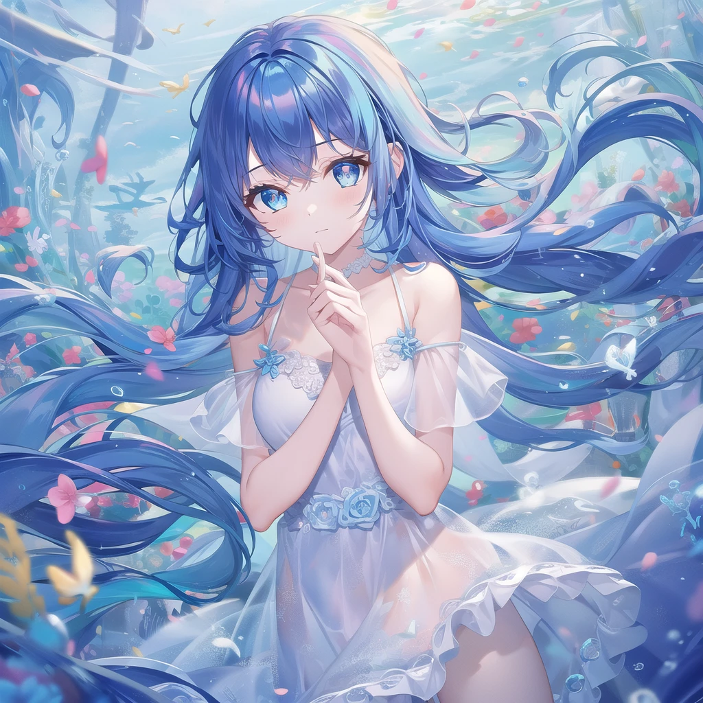 ((masterpiece, best quality))++, Detailed lighting+,  Detailed hair+, Detail hand+ ,1 girl, Miss, Long hair,   Crimson eyes,  beautiful eyes, Young blue-haired,,(beautiful blue hair:1.5),(Beautiful and delicate eyes),  high resolution+,glass tint, Reflective eyes,   {{angle}} , Very detailed wallpaper, The original, Air bangs，Extremely beautiful CG，Firefly，Nature，ocean