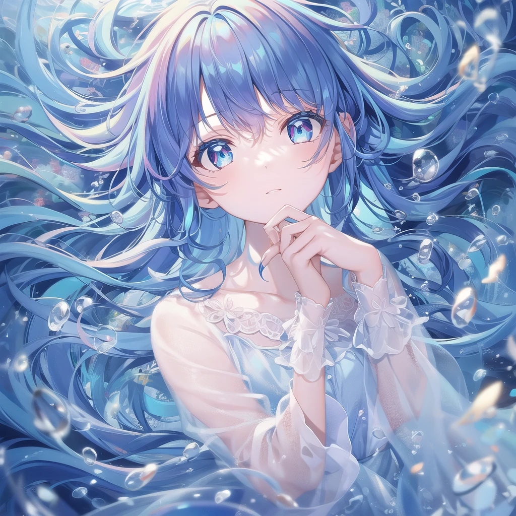 ((masterpiece, best quality))++, Detailed lighting+, Detailed hair+, Detail hand+ ,1 girl, Miss, Long hair, Crimson eyes, beautiful eyes, Young blue-haired,,(beautiful blue hair:1.5),(Beautiful and delicate eyes), high resolution+,glass tint, Reflective eyes, {{angle}} , Very detailed wallpaper, The original, Air bangs,Extremely beautiful CG,Firefly,Nature,ocean
