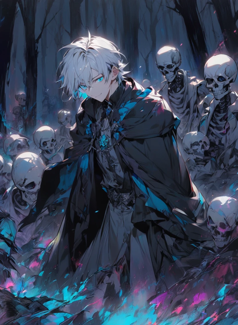 young man ,Male Dark, dark Woods, cold colors, man white hair with blue eye, Warlock dnd , Skeleton army in background, calm face expression