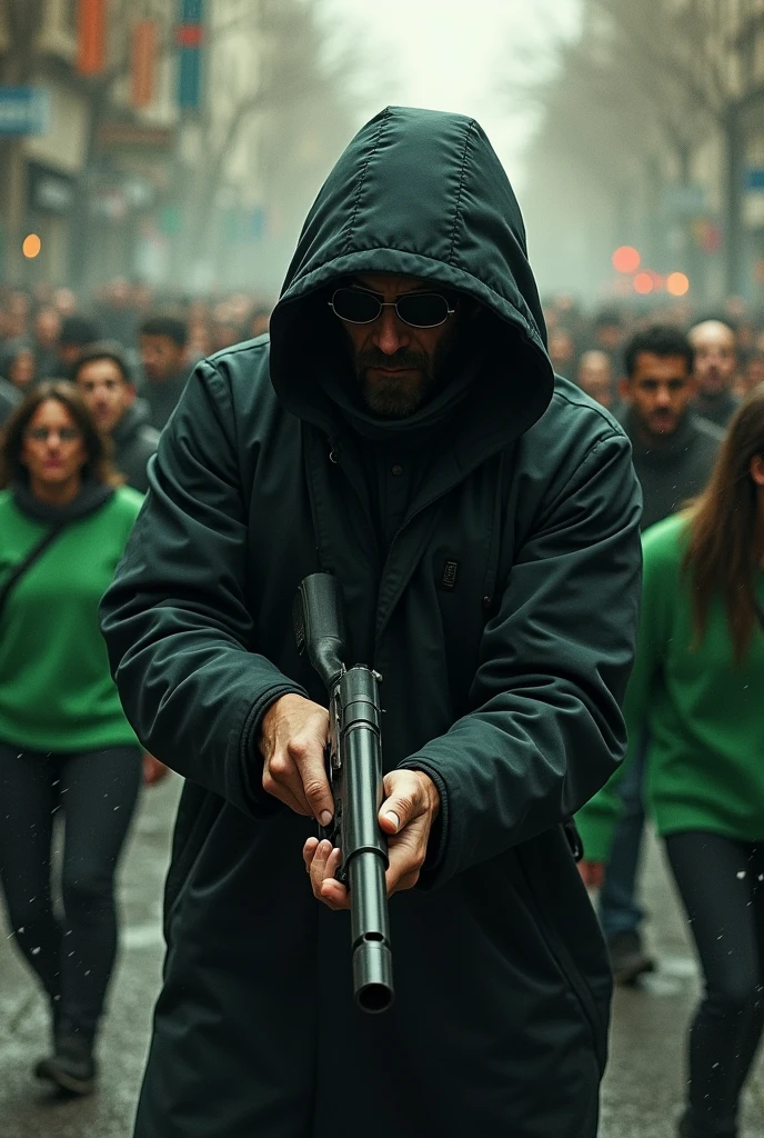 A man with a gun killing people wearing green sweaters