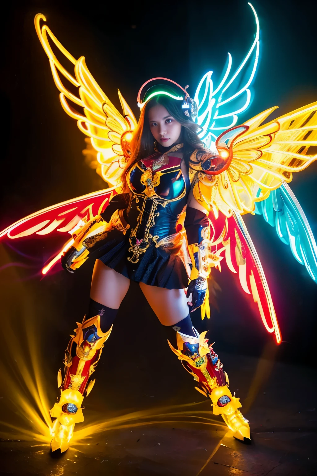 (best quality, masterpiece, colorful, dynamic angle, from below, highest detailed)upper body photo, full body photo, fashion photography of cute mechangel, glowing 4 wings, solo, glowing armor, glowing halo, building, glowing mechanical 4 wings (intricate details, hyperdetailed:1.15), detailed, light passing through hair, (official art, extreme detailed, highest detailed), HDR+