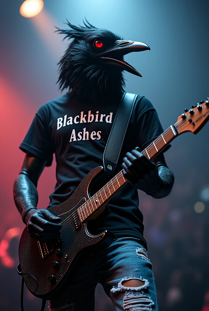 Crow with black glasses,dressed in ripped jeans and a black t-shirt that says "Blackbird Ashes". Playing the electric guitar at a concert 