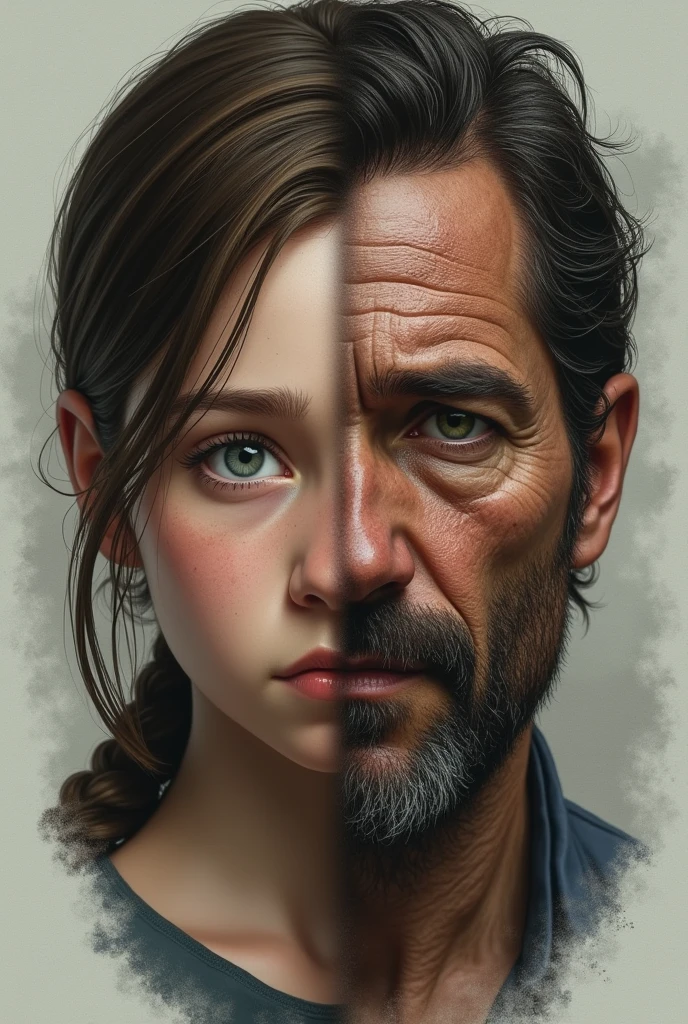 Half Ellie and half Joel face from the last of us realistic 