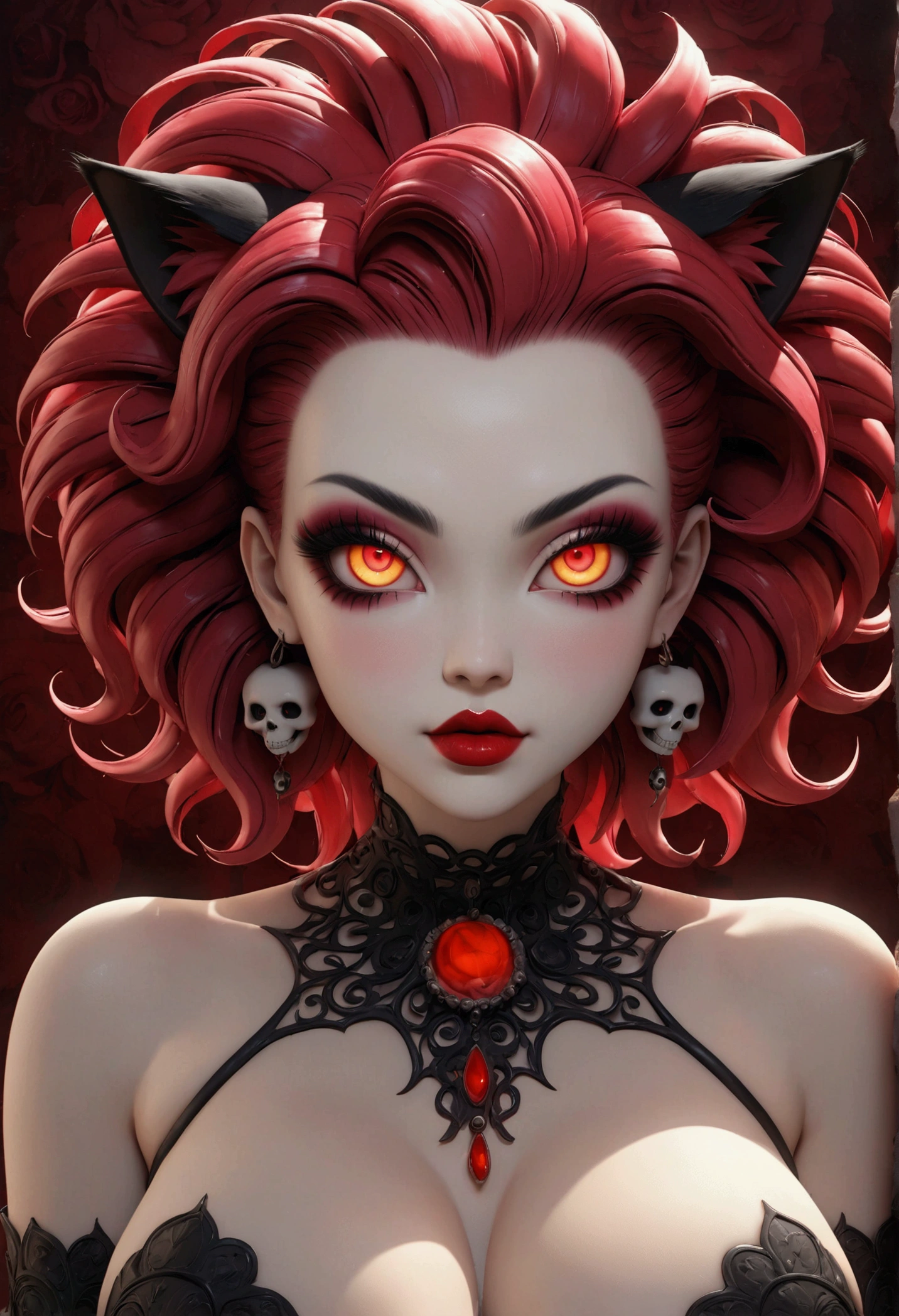 Face of a porcelain com tatuagem de caveira girl Goku cat sexy big sexy tits, with extremely heavy makeup, ghostly, vermelho cereja neon lipstick, big, round, sorrindo de antes lindos shiny mel neon Rinnegan eyes huge eyelashes, simple, soft, dreamlike brilhante yellow black red neon repicado fios por fios hair background, surrealism, intricate details, 3D rendering, octane rendering. Nicoletta Ceccoli style. Close-up. Masterpiece of the best quality, ultra-hd 32k.