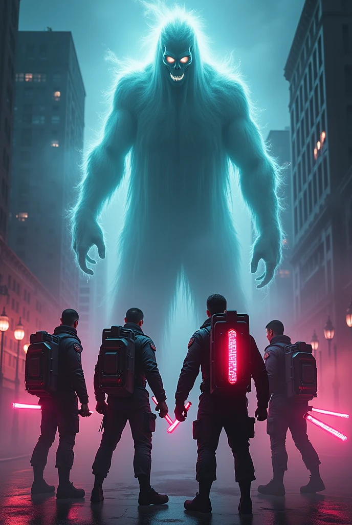 "Create a movie poster featuring four men in tactical gear, reminiscent of Ghostbusters, positioned at the bottom. They are holding high-tech power wands connected to flashing, eclectic backpacks. The men are facing away from the viewer, aiming their wands upward. Neon electric plasma beams in bright blues, greens, and purples shoot from the wands, spiraling towards the top center of the poster. At the top, a terrifying, floating ghost with twisted, eerie features and glowing eyes is facing directly at the viewer. The ghost should be semi-translucent with a menacing aura. The background should be dark and foggy with hints of an urban setting, creating an ominous atmosphere. Use a mix of dark tones for the background and ghost, contrasting with the bright neon colors of the plasma beams and the glowing lights on the backpacks."