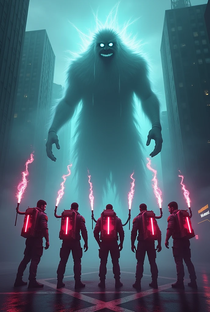 "Create a movie poster featuring four men in tactical gear, reminiscent of Ghostbusters, positioned at the bottom. They are holding high-tech power wands connected to flashing, eclectic backpacks. The men are facing away from the viewer, aiming their wands upward. Neon electric plasma beams in bright blues, greens, and purples shoot from the wands, spiraling towards the top center of the poster. At the top, a terrifying, floating ghost with twisted, eerie features and glowing eyes is facing directly at the viewer. The ghost should be semi-translucent with a menacing aura. The background should be dark and foggy with hints of an urban setting, creating an ominous atmosphere. Use a mix of dark tones for the background and ghost, contrasting with the bright neon colors of the plasma beams and the glowing lights on the backpacks."

