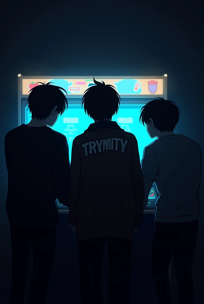 make a picture from behind of 3 young men playing arcade. the room is dark and the background of the picture is black. the man in the middle is short and wearing a jacket that says Trynity, the man on the right is tall and his hair is parted in the middle and the man on the left is tall and his hair is parted to the right