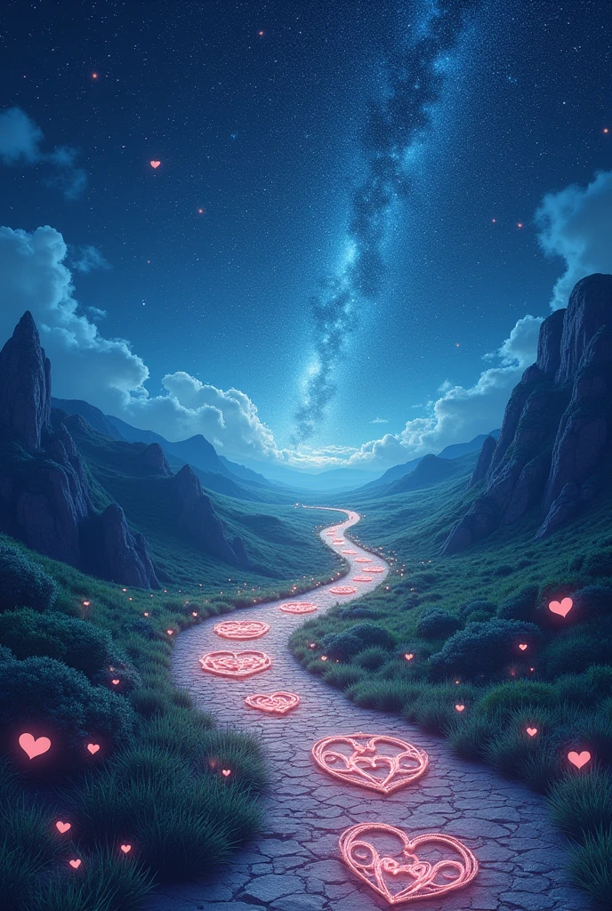 A winding road to the stars in the sky, with heart symbols and puzzles along the way.