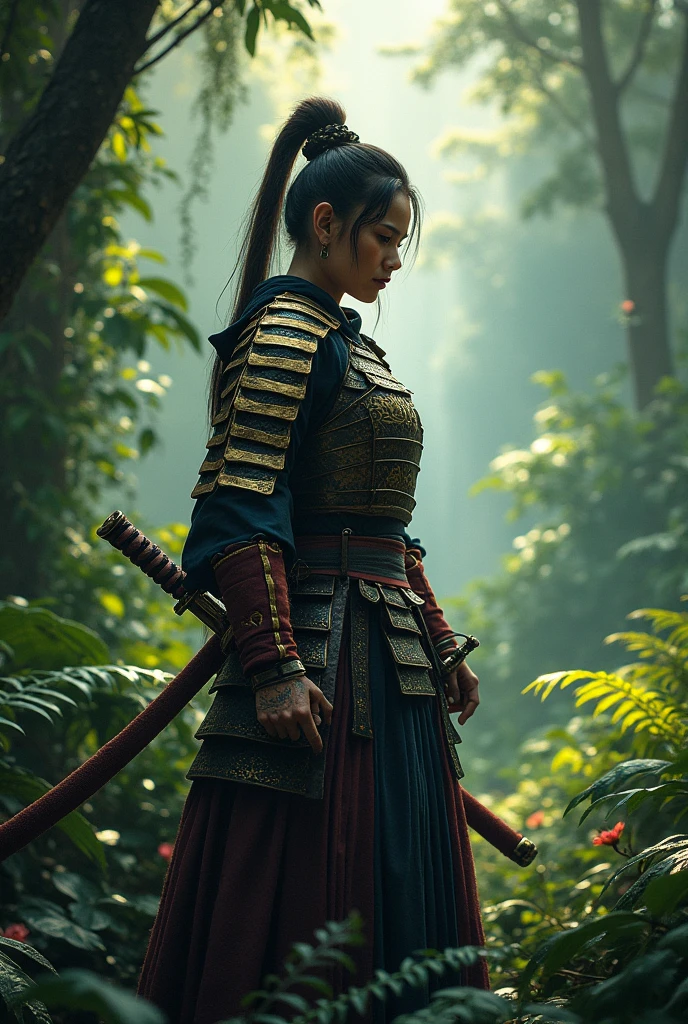 A samurai women in a rainforest