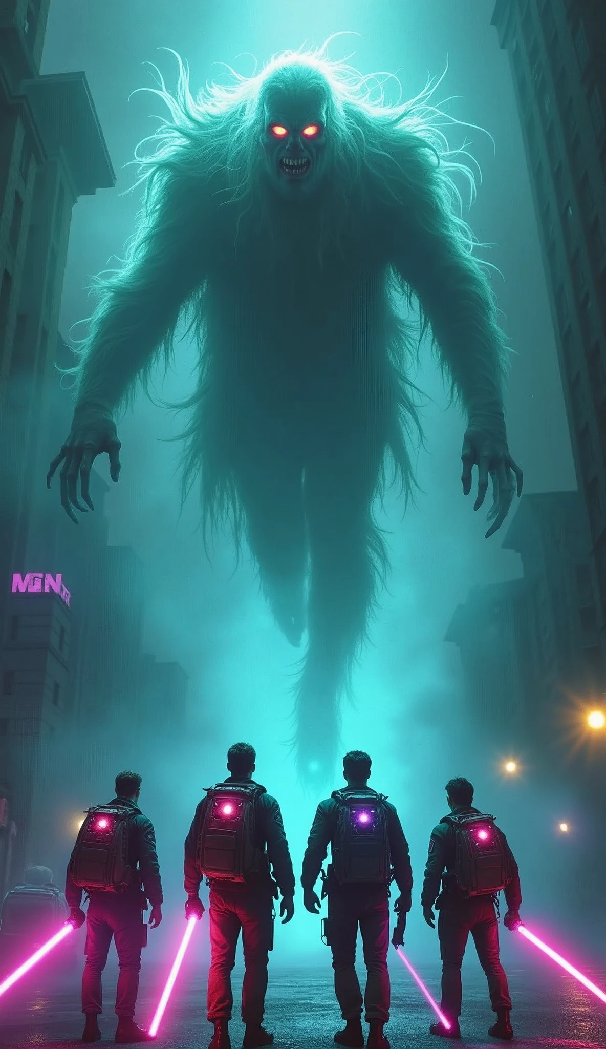 Here’s a prompt for generating the image:
---
**Movie Poster Concept:**
- **Main Characters:** Four men, wearing tactical gear similar to Ghostbusters, are positioned at the bottom of the poster. They are wielding high-tech power wands, which are connected to futuristic, eclectic backpacks that flash with bright lights.
- **Action Scene:** The men are facing off-camera, with their power wands raised, shooting vibrant neon electric plasma beams. The beams are spiraling towards the top center of the poster, where a terrifying, floating aberration ghost looms, facing directly at the viewer.
- **The Ghost:** The ghost is a nightmarish apparition with twisted, eerie features, glowing eyes, and a semi-translucent form. Its ghostly aura is intense and menacing, contrasting with the vibrant colors of the plasma beams.
- **Background:** The backdrop is dark and foggy, with faint outlines of an urban setting, possibly a haunted building or city street. The fog and darkness add an ominous atmosphere, emphasizing the ghost’s supernatural presence.
- **Color Palette:** Use a mix of dark, muted tones for the background and ghost, contrasted with bright neon colors (blues, greens, and purples) for the plasma beams and the glowing lights on the backpacks.
- **Poster Layout:** The ghost should dominate the top half of the poster, with the men and their action taking up the lower half. The title of the movie (not specified) can be placed at the bottom or top in bold, dynamic lettering.
---
This prompt should generate a visually dynamic and thrilling movie poster, capturing the essence of a "Ghostbuster-like" film.