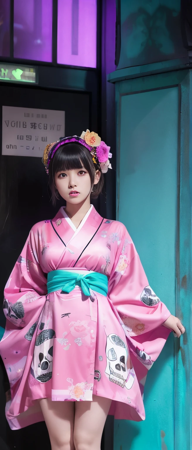 Cute Ghost Idol Girl、whole body、Good style、、、、、、、、、、Thick legs、Skull Print Kimono Dress（Fluorescent Pink）、Cool girl face、、、Luminous Cemetery
