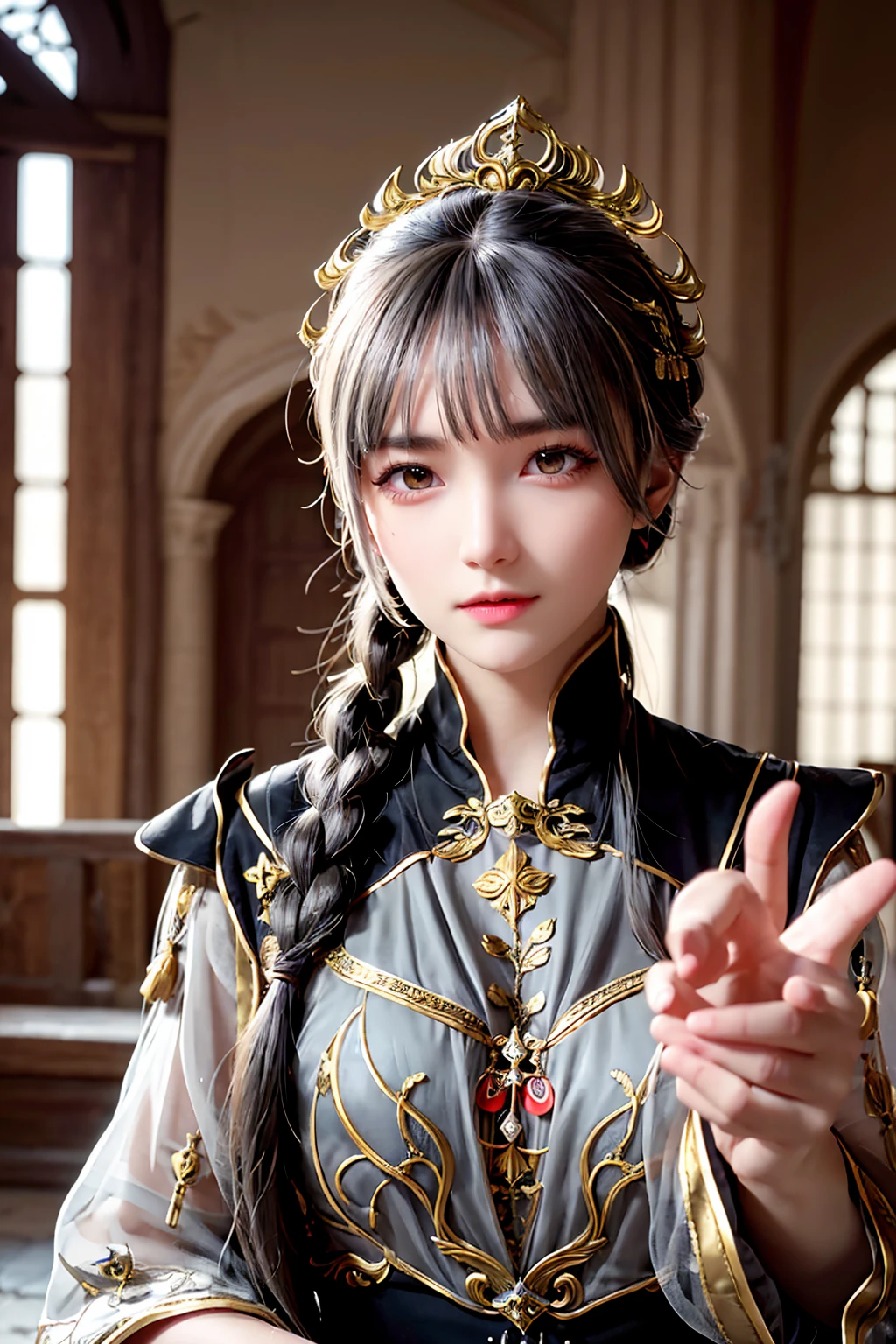 Highest quality, masterpiece,Gray Hair, Golden Eyes,medieval black dress, look up, Upper Body,hair,Fair skin,Side braid、Inside the medieval castle