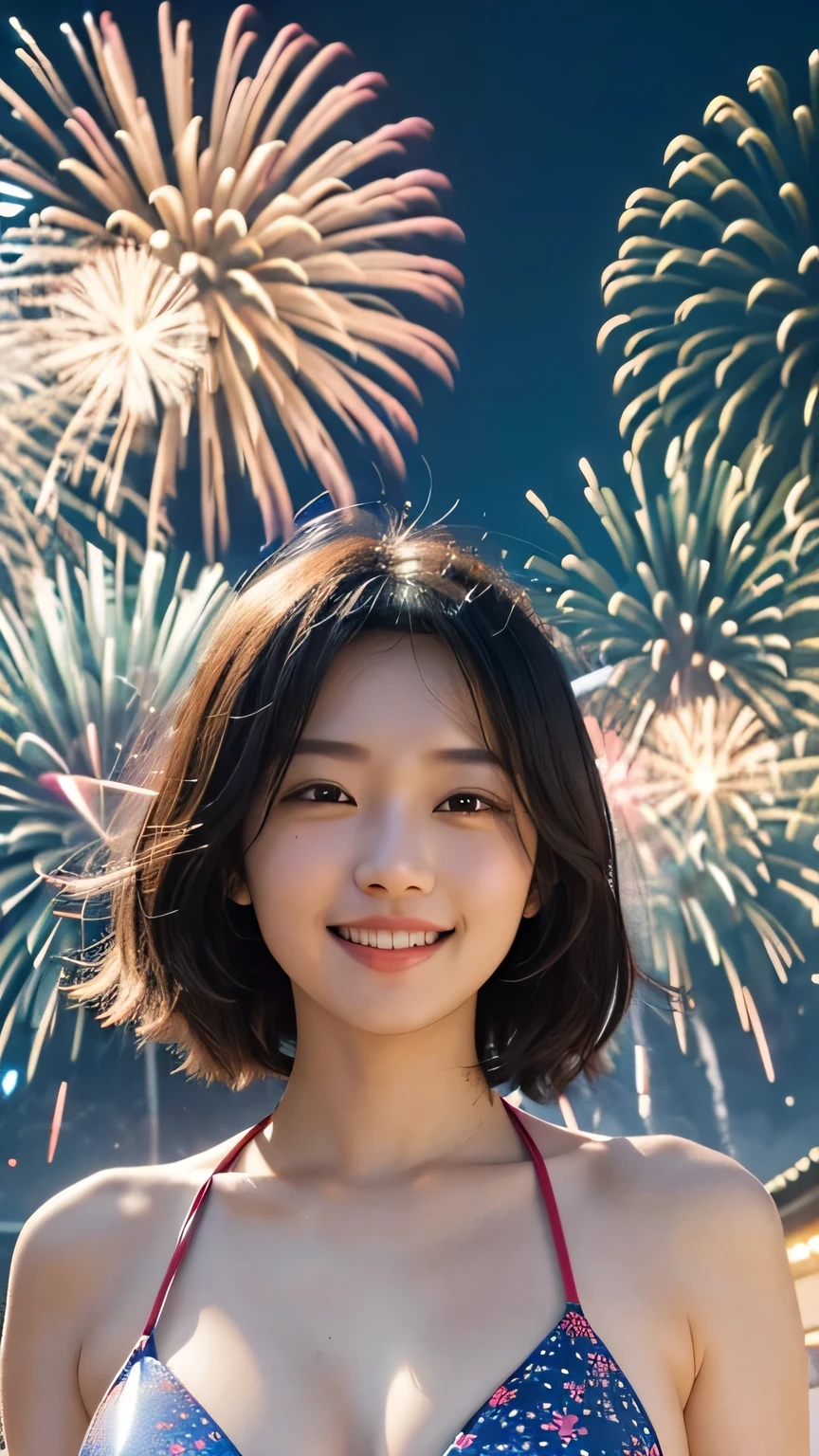 Diffuse lighting、 Highest quality, High resolution, unity 8k wallpaper、Supersaturation, colorful, 8k resolution, 1 female、Japanese、23 years old、Adult、Close-up portrait、Wear a swimsuit、比基尼、赤色の比基尼、Look forward、Angle from below、chest、 colorful fireworks burst into the sky. Please show me your best smile、Festival fireworks、The atmosphere was cheerful, With volume light, Soft Light, Aerial fireworks、Japanese Festivals, Highest quality, Written boundary depth, Detailed Background, Beautiful cheeks, Sparkling eyes, And the stars in the night sky々,