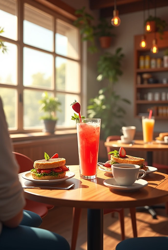 Restaurant named Santi lomitos burger , with people having strawberry smoothies and sandwiches for breakfast