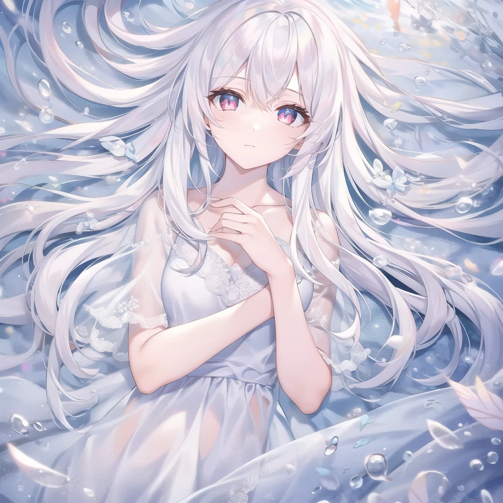 ((masterpiece, best quality))++, Detailed lighting+,  Detailed hair+, Detail hand+ ,1 girl, Miss, Long hair,   Crimson eyes,  beautiful eyes, young white hair,,(Beautiful white hair:1.5),(Beautiful and delicate eyes),  high resolution+,glass tint, Reflective eyes,   {{angle}} , Very detailed wallpaper, The original, Air bangs，Extremely beautiful CG，Firefly，Nature，ocean