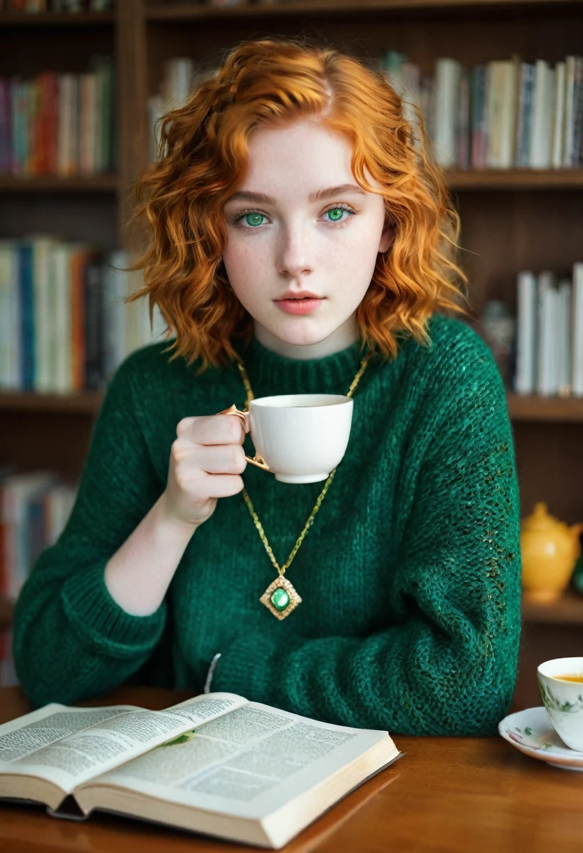 A 16 year old girl, with short wavy and orange hair, with emerald green eyes, with white skin and wearing a green knitted sweater, and wearing a gold necklace with an emerald pendant, she is drinking tea and is accompanied by several thick books on her table