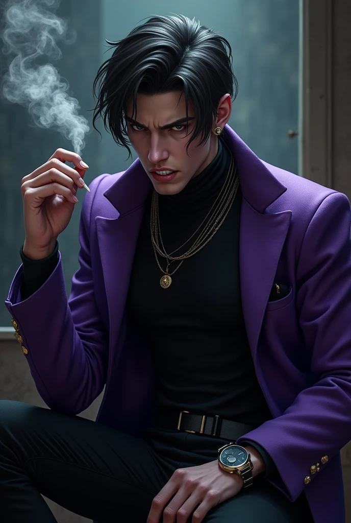 mash、Black clothes、Smoking a cigarette with his right hand、Double teeth、Purple jacket、Handsome、Dark feeling