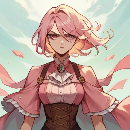 best qualityer, work of art, trunk, Woman, blonde hair blown by the wind, glare eyes, not steampunk style, slim clothes, pink clothes, pink hair
