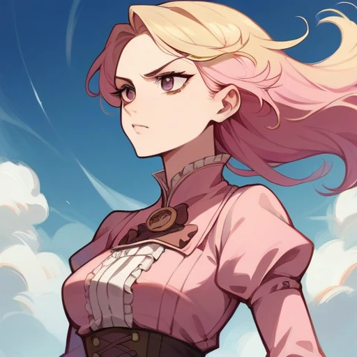 best qualityer, work of art, trunk, Woman, blonde hair blown by the wind, glare eyes, not steampunk style, slim clothes, pink clothes, pink  hair