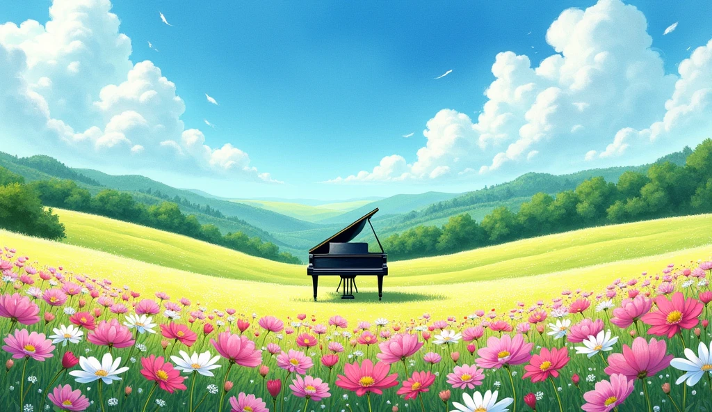 「Beneath a blue sky and white clouds、Wideがる花畑の風景。丘陵地帯にWideがるピンクや白、Red cosmos blossoms in abundance、A lush green forest is visible in the far distance。The overall scenery is bright and cheerful、Wide々A summer day landscape that evokes a sense of peace and tranquility。A black grand piano is placed in a field of flowers。Realistic watercolor painting
