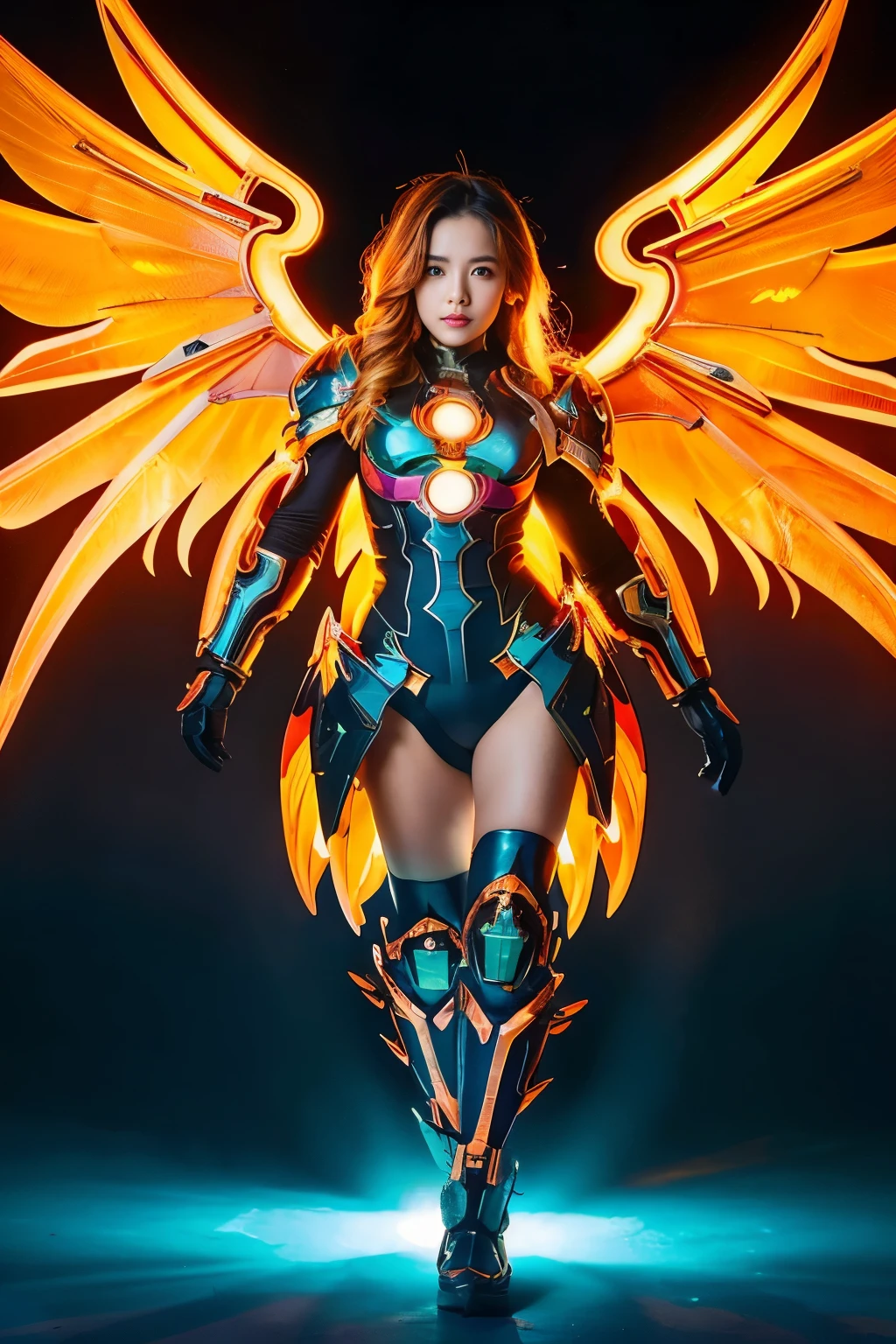 (best quality, masterpiece, colorful, dynamic angle, from below, highest detailed)upper body photo, full body photo, fashion photography of cute mechangel, glowing 4 wings, solo, glowing armor, glowing halo, building, glowing mechanical 4 wings (intricate details, hyperdetailed:1.15), detailed, light passing through hair, (official art, extreme detailed, highest detailed), HDR+