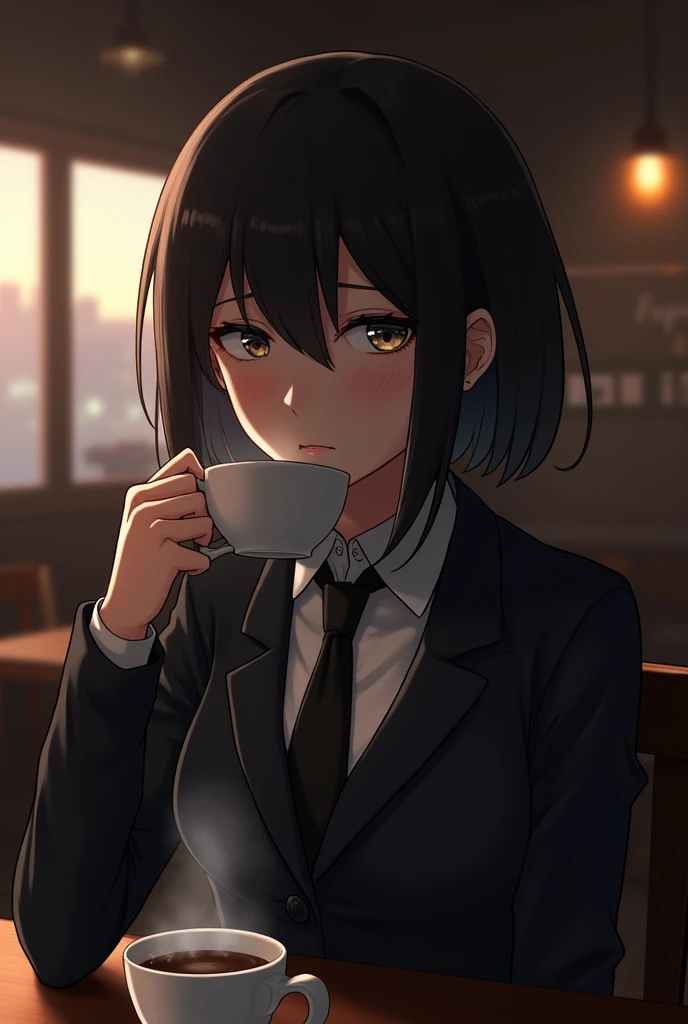 Mukuro Ikusaba drinking coffee. https://danganronpa.fandom.com/wiki/Mukuro_Ikusaba