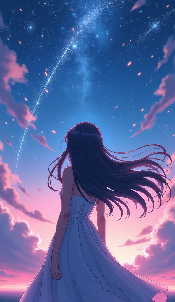 Weathering With You,anime,Back view,Long Hair,Fantastic starry sky,Fantastic shooting star,Fantastic Background,Hair swaying in the wind,pastel colour,Dynamic Perspective