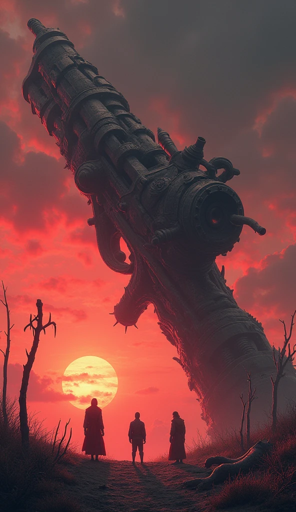 Giant weapons, topsy-turvy ancient Yue Fei's gun, very small people looking up at the huge Yue family gun, bloody twilight, the remnants of the sun like blood, dark clouds, Skeleton Snake Staff,Crescent shaped sickleBatwing CloakDragon Bone StaffBeast Claw GlovesNeck pendant,Dragon Bone Staff,Claw Gloves