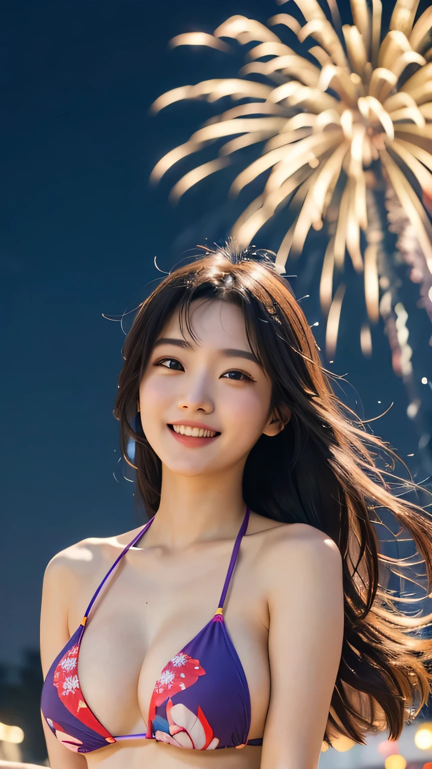 Diffuse lighting、 Highest quality, High resolution, unity 8k wallpaper、Supersaturation, colorful, 8k resolution, 1 female、Japanese、23 years old、Adult、Close-up portrait、Wear a swimsuit、比基尼、赤色の比基尼、Look forward、Angle from below、chest、 colorful fireworks burst into the sky. Please show me your best smile、Festival fireworks、The atmosphere was cheerful, With volume light, Soft Light, Aerial fireworks、Japanese Festivals, Highest quality, Written boundary depth, Detailed Background, Beautiful cheeks, Sparkling eyes, And the stars in the night sky々,
