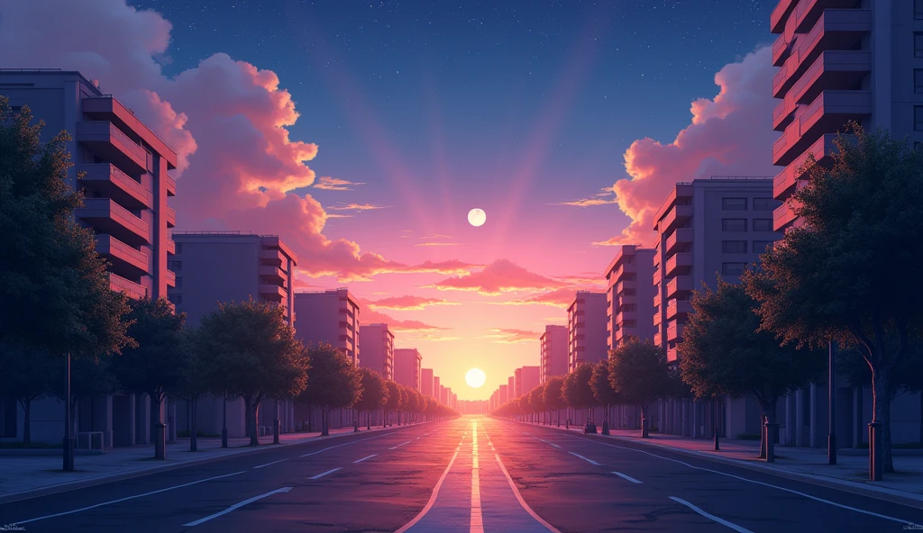 Morning Glow,summer,Starry Sky,moon,dawn,Streetscape,City