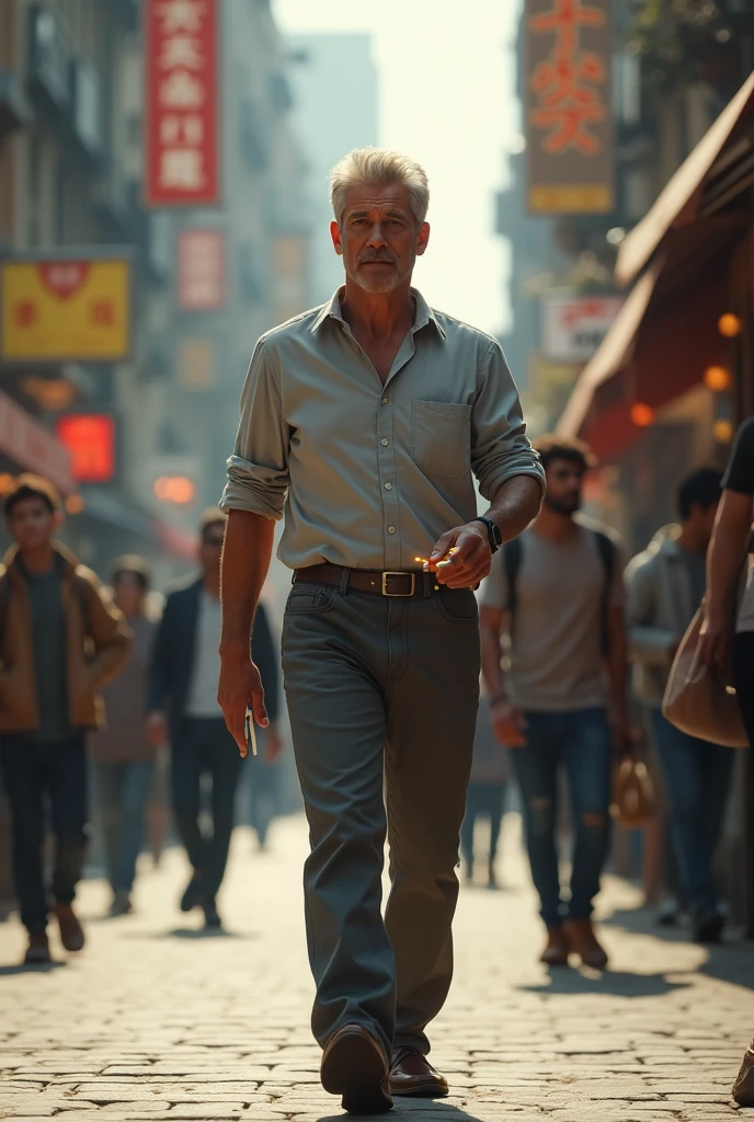 A man walking and talking the cigarette