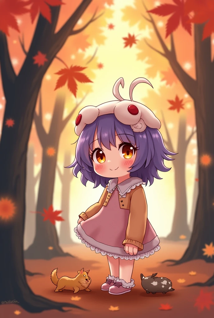 anime,small stature, purple hair, orange eyes, autumn forest background