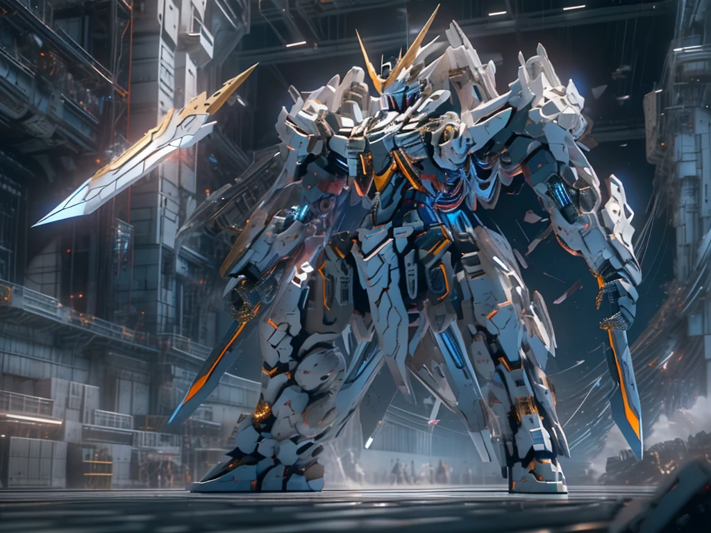 (masterpiece, Highest quality, 8k, highres, Attention to detail, distinct), a robot with a sophisticated design, Wing on the back, ((Giant Sword:1.3, Hold your sword in both hands, The tip of the sword is diagonally forward, Standing with a tilted head.)), (universe space, Cutting through a battleship, Split in two, Powerful angles, ロボットの後ろで戦艦がexplosion, explosion), Anime１scene