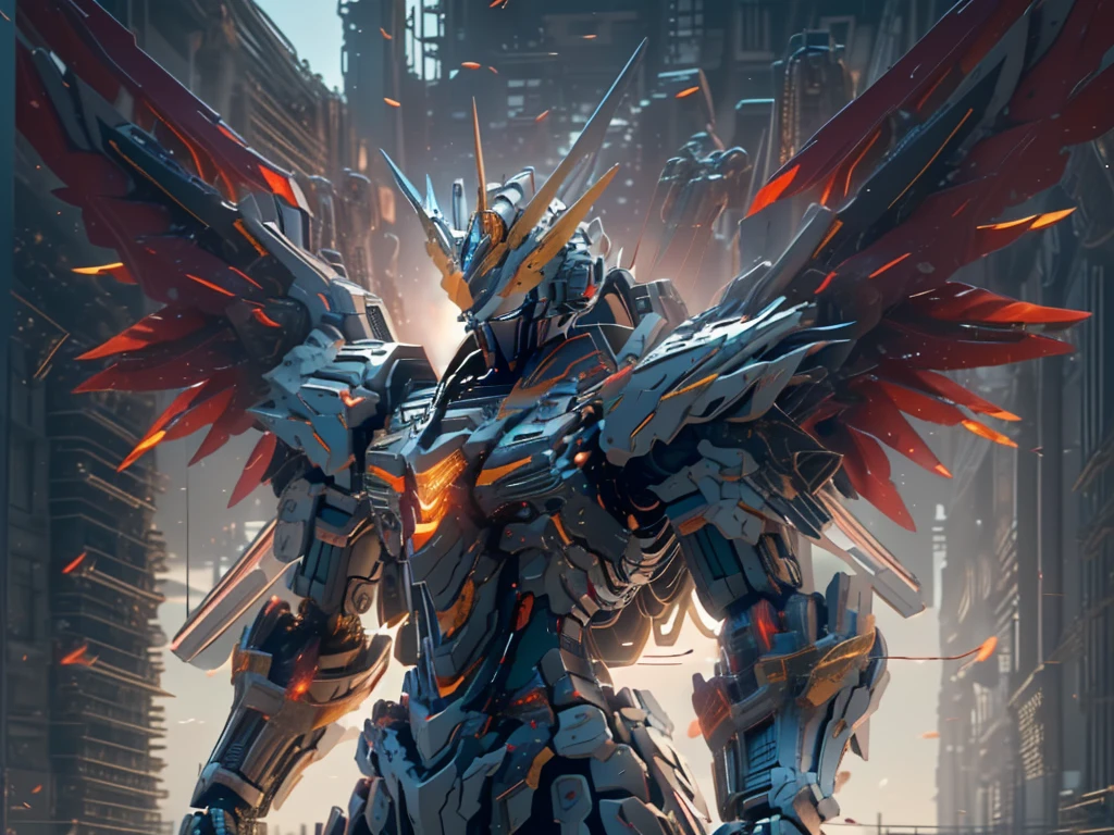 (masterpiece, Highest quality, 8k, highres, Attention to detail, distinct), a robot with a sophisticated design, Wing on the back, ((Giant Sword:1.3, Hold your sword in both hands, The tip of the sword is diagonally forward, Standing with a tilted head.)), (universe space, Cutting through a battleship, Split in two, Powerful angles, ロボットの後ろで戦艦がexplosion, explosion), Anime１scene