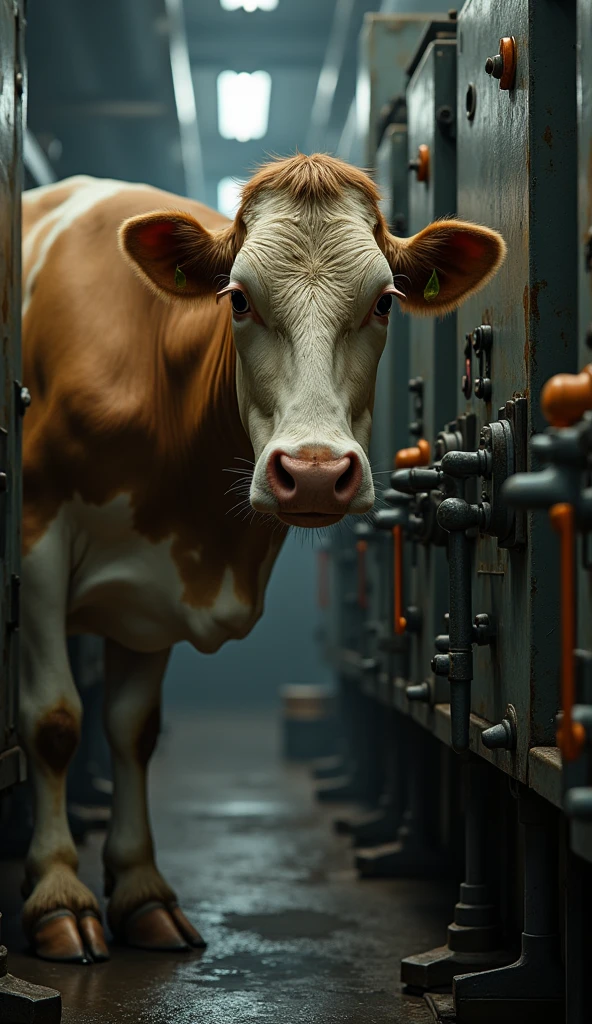 Close-up of the cow's hooves pressing buttons on a factory machine, showcasing her skill.