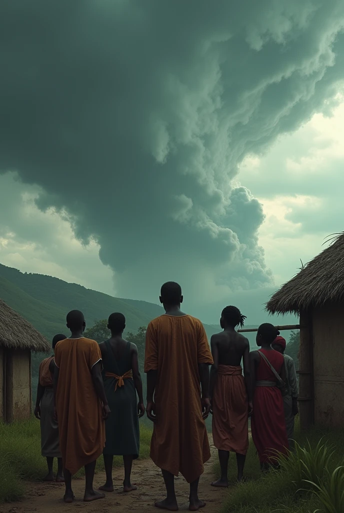 african villagers looking up in fear as a storm brews in the sky