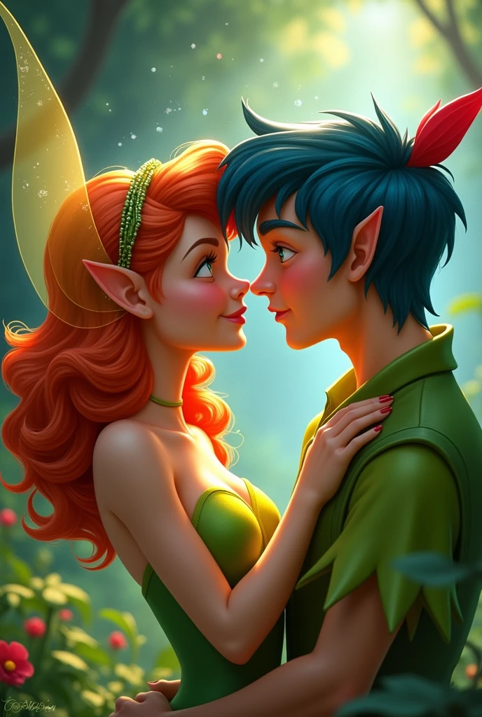 Tinkerbell with red hair and Peter Pan with blue hair. The two lovers