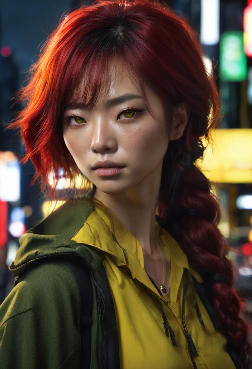 1 woman, she is japanese with black skin, inside a city at night, wearing a moss green blouse, female yellow eyes, dark black skin, detailed black skin, RED HAIR, RED HAIR, long choppy red hair, dramatic lighting, cinematic composition, dark palette, dark colors, atmospheric haze, thin chin, soft face, serious face, beautiful woman, adult woman, ultra realistic, adult woman, (best quality, 4K, 8K, high resolution, art: 1.2), ultra detailed (realistic, photorealistic, photorealistic: 1.37)